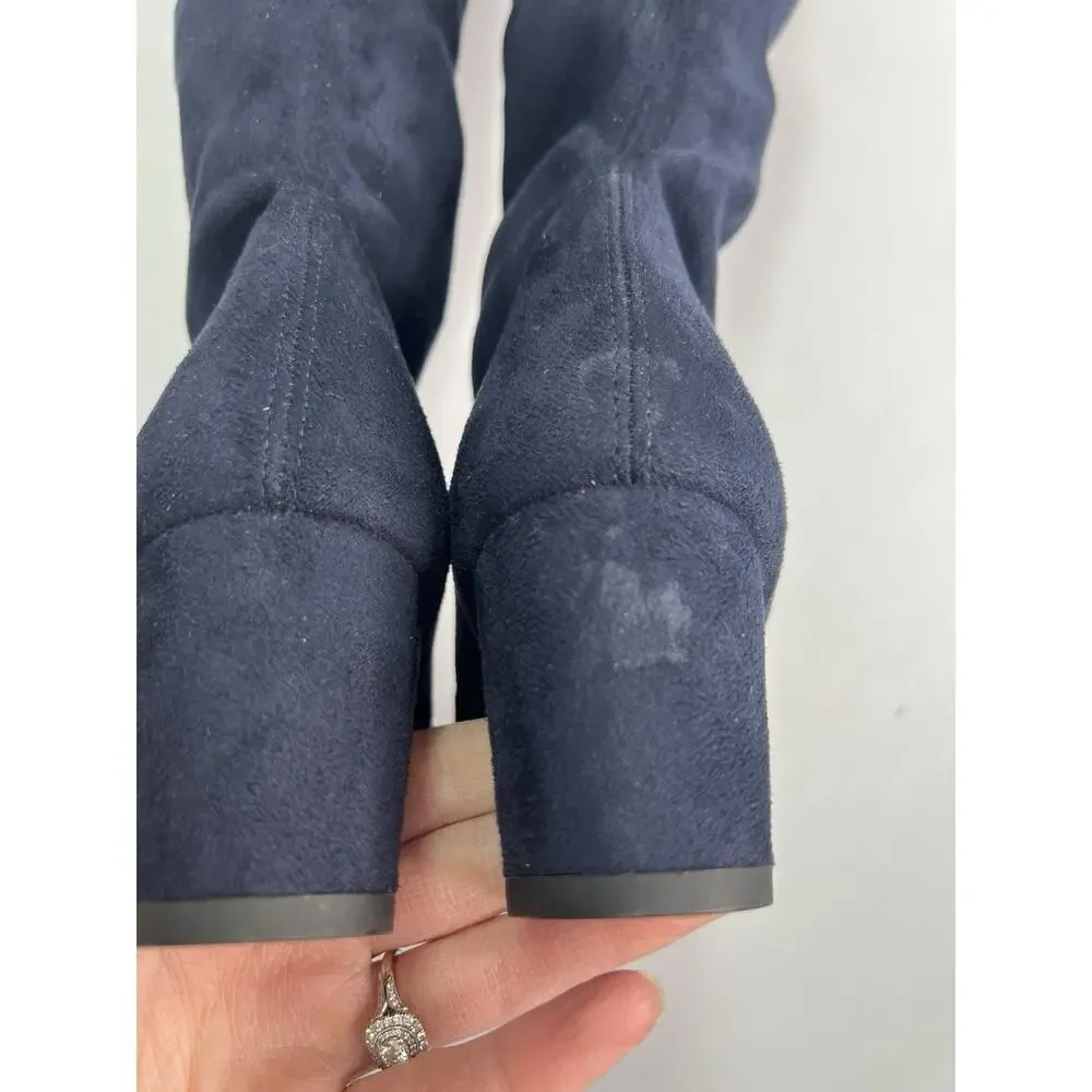 Stuart Weitzman Thigh-High Boots Heeled Navy Blue Suede Tie Women’s Size 5
